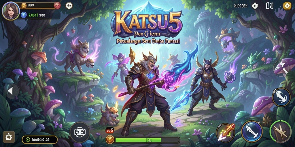 Screenshot gameplay KATSU5 dengan pemandangan dunia fantasi yang menakjubkan.
