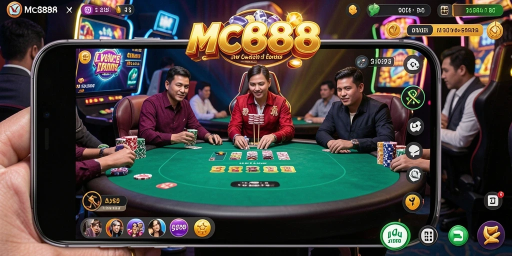 Tampilan gameplay Live Casino di MC888 menunjukkan dealer profesional dan interaksi pemain.