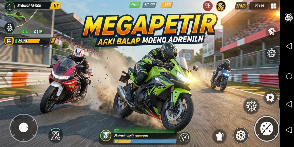 Tampilan gameplay MEGAPETIR yang mendebarkan di lintasan balap.