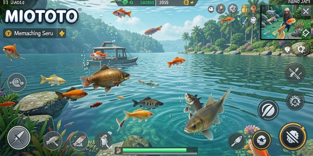 Tampilan gameplay MIOTOTO yang mendebarkan saat memancing ikan.