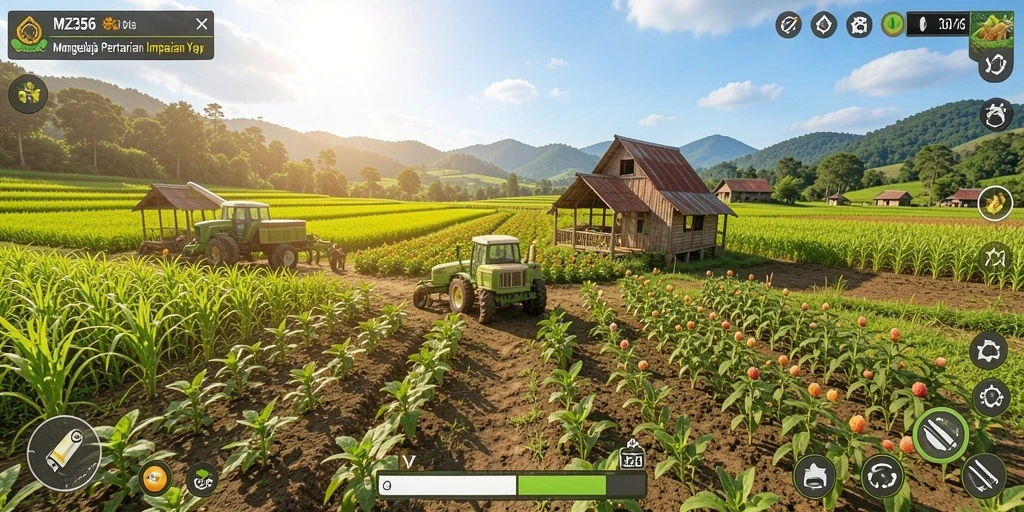Tangkapan layar dari gameplay <strong>MZ356</strong> yang menunjukkan kebun yang rimbun dan hewan yang bahagia.