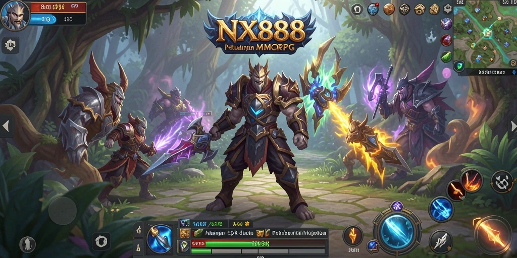 Screenshot gameplay NX888 menampilkan pertempuran seru di dunia MMORPG.