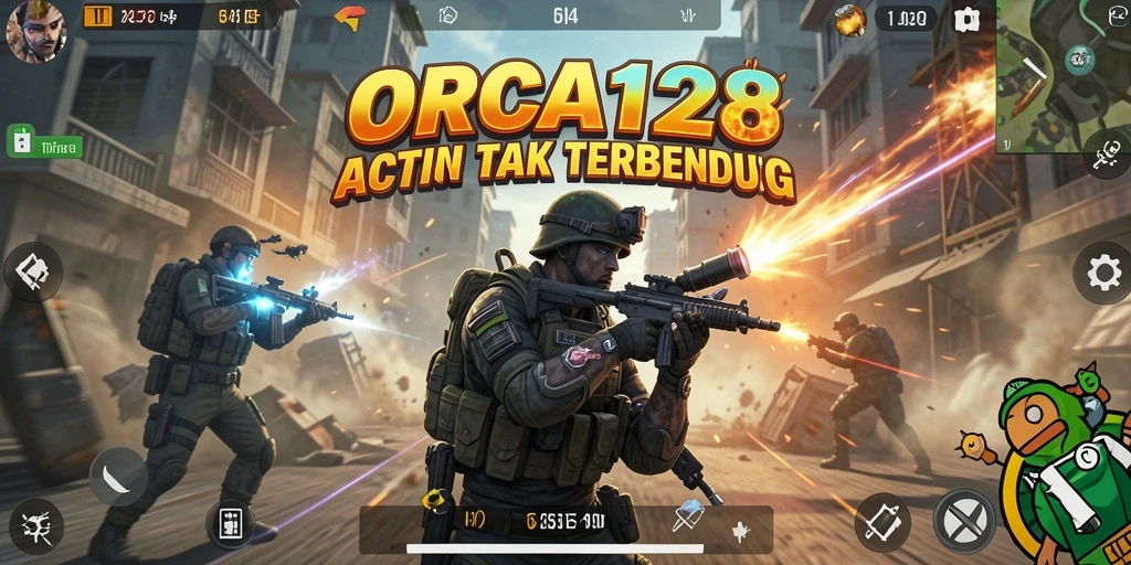 Screenshot gameplay ORCA128 menampilkan aksi penuh ketegangan dan kecepatan.