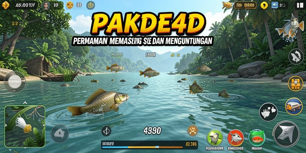 Tampilan gameplay PAKDE4D yang menawan saat memancing di danau yang indah.